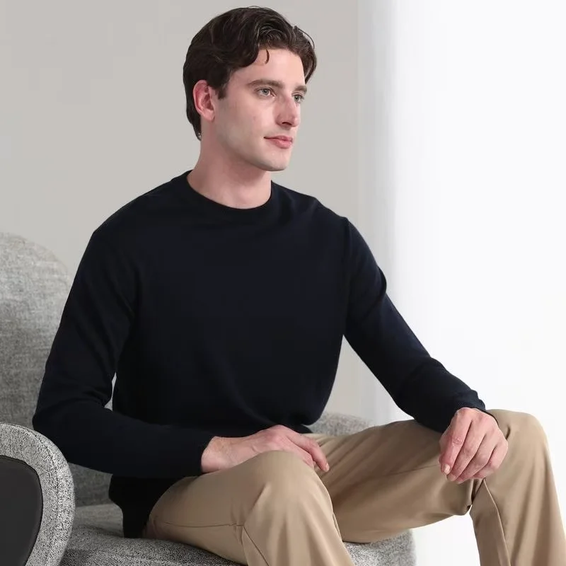 

Мужской классический вязаный пуловер с круглым вырезом, свитер с длинным рукавом, мягкая повседневная легкая однотонная мягкая одежда для мужчин