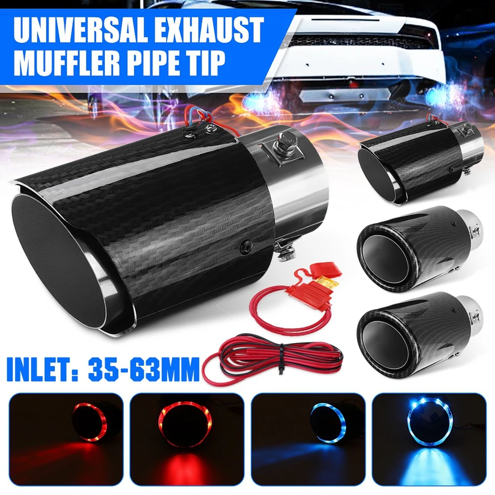 

63-65mm Car Exhaust Upgrade Carbon Fiber Universal Muffler Pipe Tip Tail with RED/Blue LED Light Red/Blue Light Auto Accessories