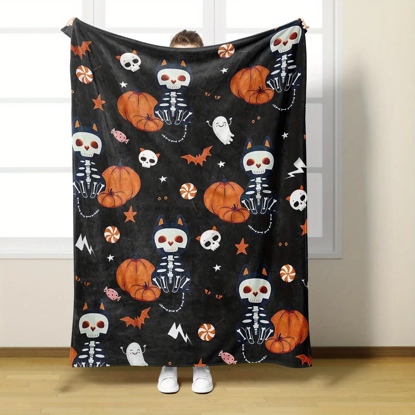 Halloween Cartoon Element Flannel Blanket, Soft Cozy Throw Blanket Nap Blanket for Travel Sofa Bed Office Home Decor