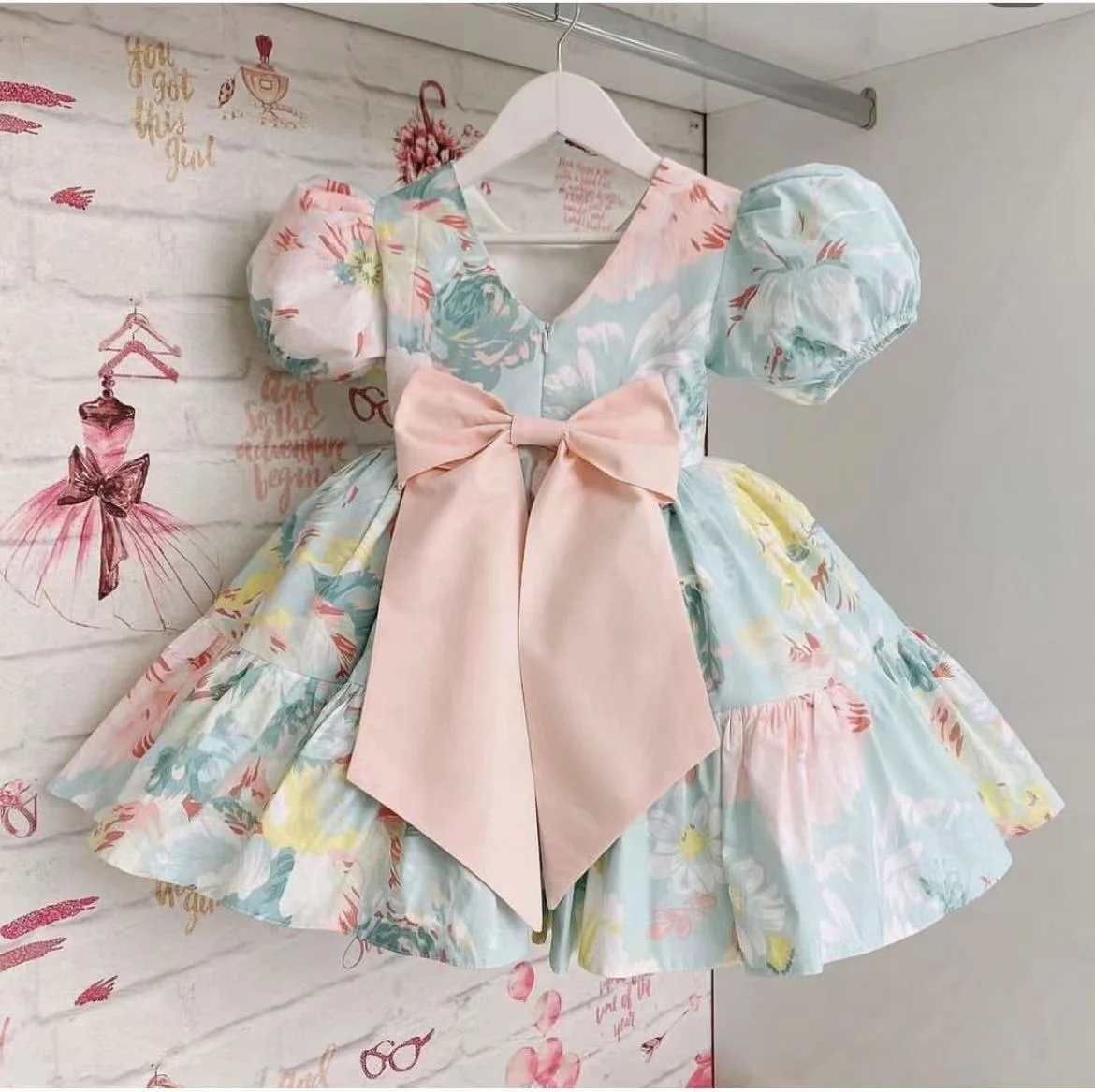 

0-12Y Baby Girl Summer Rose Floral Blue Turkish Vintage Lolita Princess Ball Gown Dress for Birthday Holiday Casual Eid