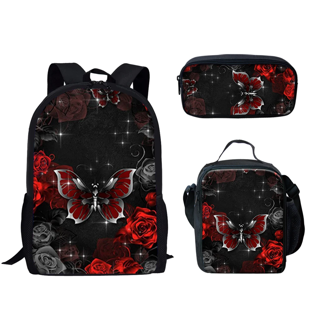 3Pcs Schoolbag for Teen Boys Girls Butterfly Floral Print Backpack for Prmary Students Back to School Large Capacity Backpack