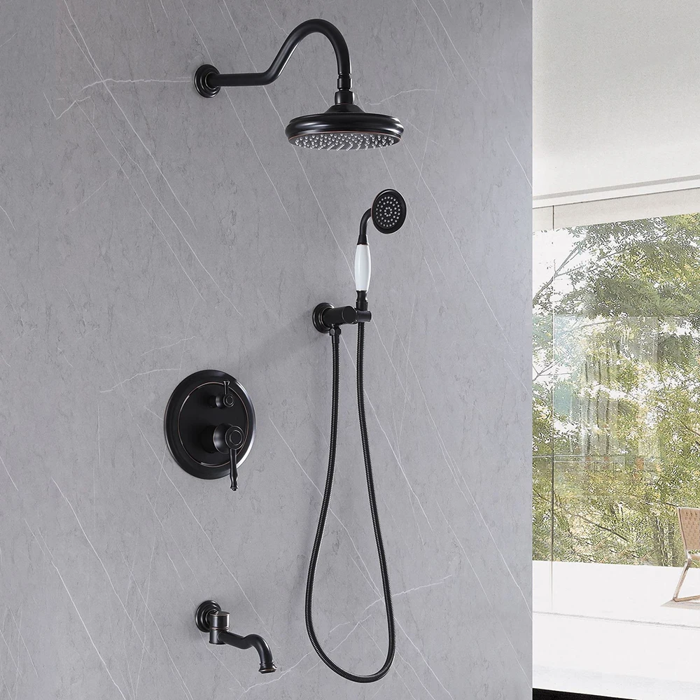 ORB Concealed Shower System 3 Function Wall Mount Rain Shower Set with Handheld Sprayer & Tub Spout Brass Bathroom Mixer Tap