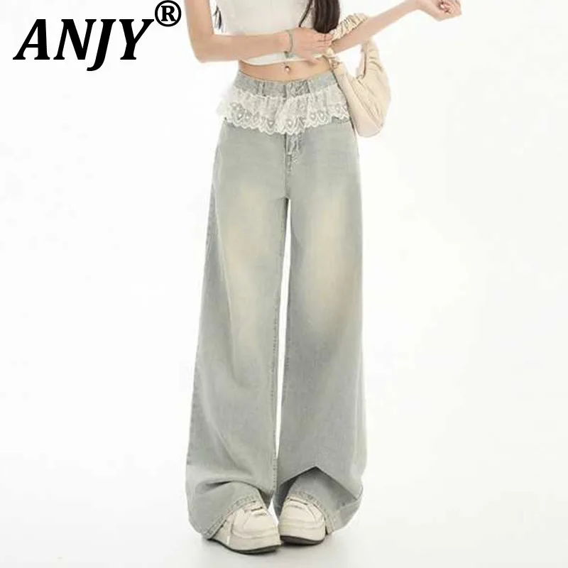 

ANJY, осенние новые женские модные элегантные свежие кружевные бейки, повседневные универсальные прямые джинсы, модные шикарные простые джинсовые брюки A13088