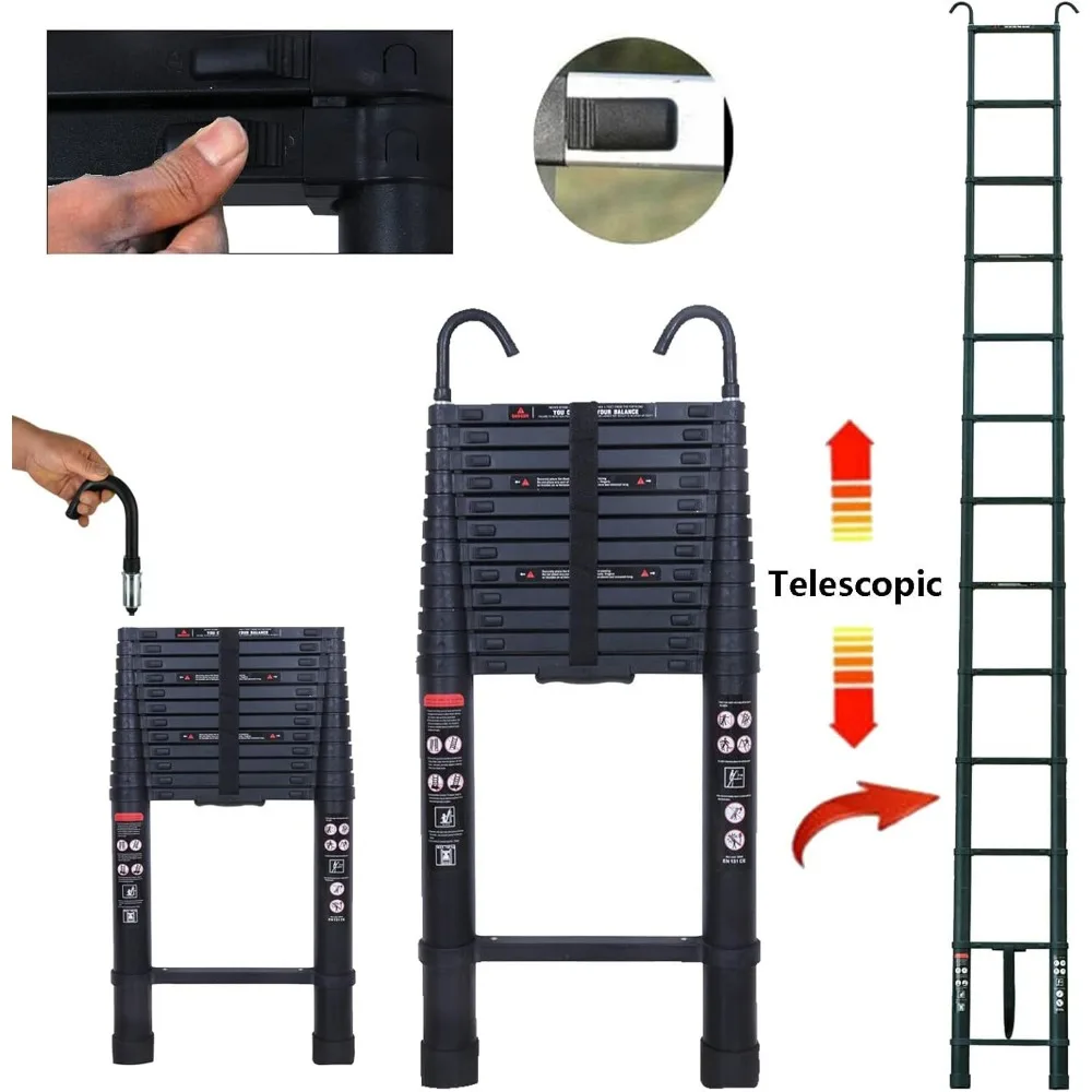 アルミ製伸縮はしご 16フィート 屋根フック付き、家庭用折りたたみ式、ロック機構付き、RV車に最適