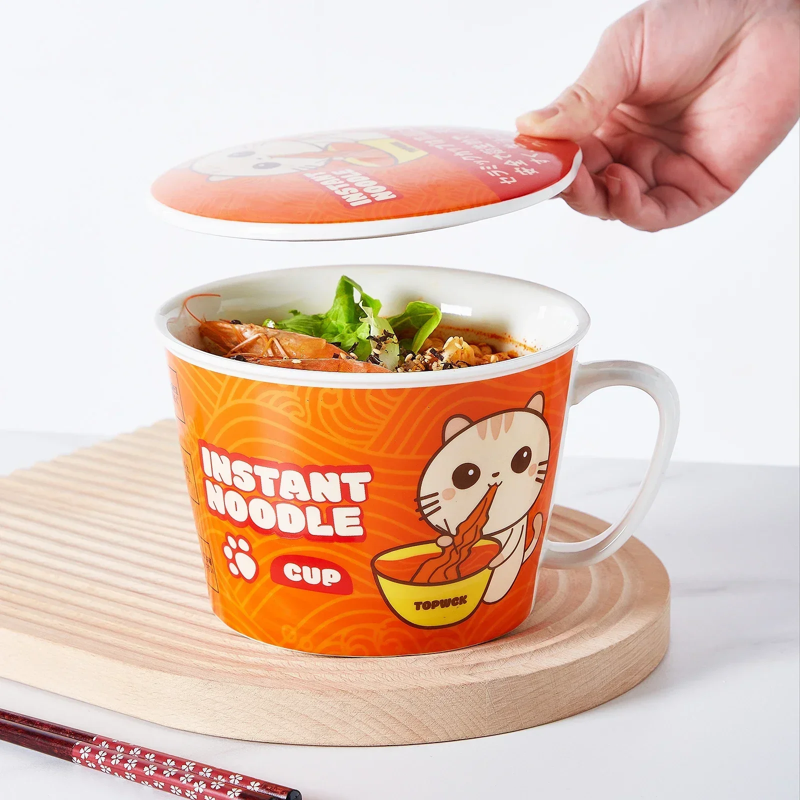 

ins style Cartoon cat noodle Cup bowl creative with cover box Student lunch box instant noodle soup dinner lunch Ceramic bowl