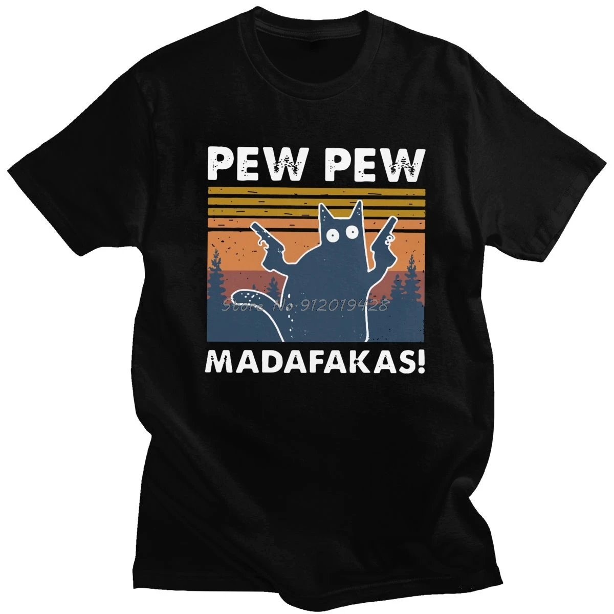 Funny Cat Pew Pew Madafakas T Shirts Men Cotton Vintage Crazy Cat Tee Tops Streetwear Tshirt Short-Sleeve Casual T-shirt Gift