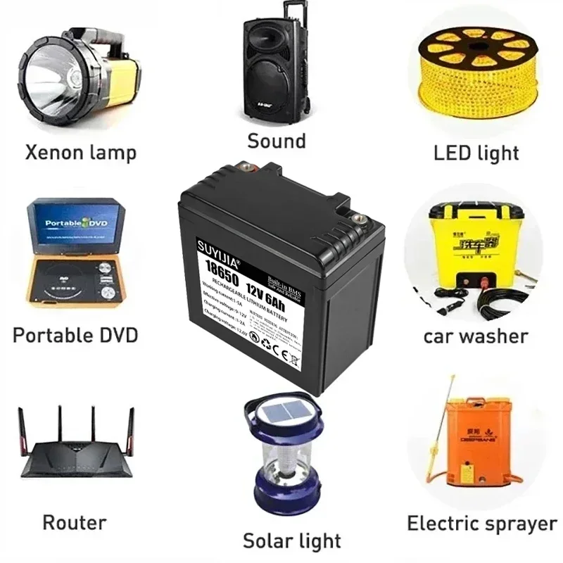 12V Battery 6Ah 18650 Rechargeable Lithium Battery Pack for Solar Energy Light Xenon LED Lamp Electric Sprayer +12.6v3A Charger