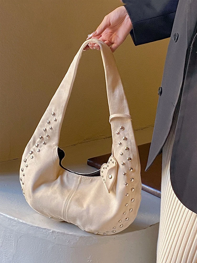 حقيبة يد كلاسيكية جديدة من جلد الغزال للنساء، حقيبة تحت الإبط ببرشام، حقيبة كتف مفردة عصرية #2