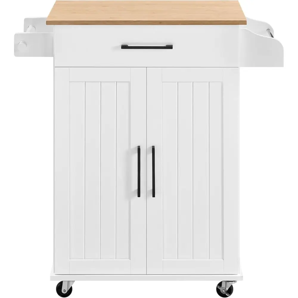 

White Rolling Kitchen Cart with Storage Rack and Cabinet