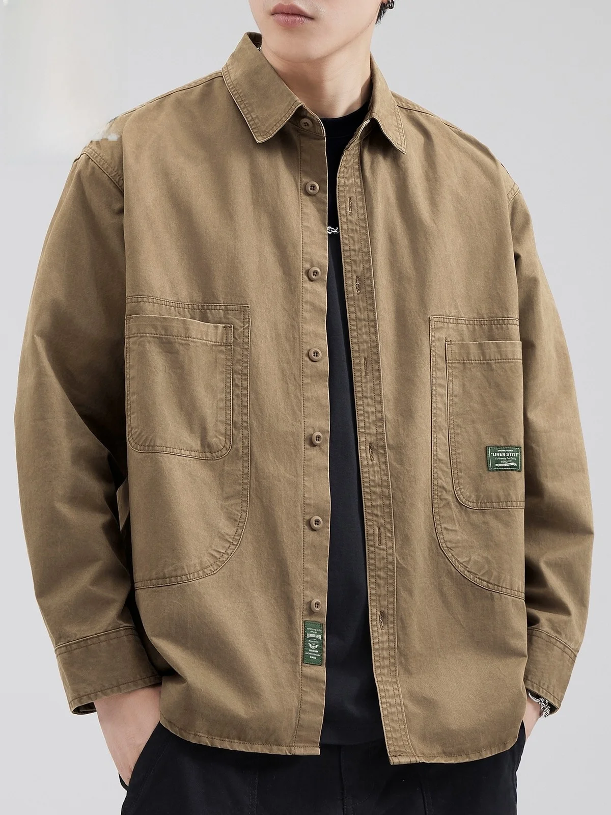 

American Workwear irt Men's Long Sve Spring Trendy Vintage Pure Cotton Casual irt Jaet Loose Fit Button up