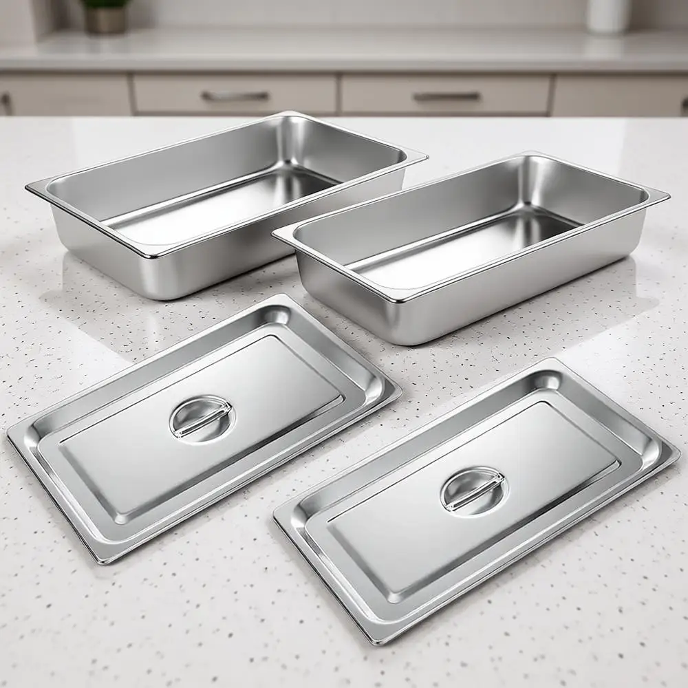 

Hotel Pans with Lids 2 Pack 1/1 Size 4 Deep, 1.2mm Thick, Full Size, Steam Table Pan, Catering Buffet Chain Dish Pan, 20.87x12.8