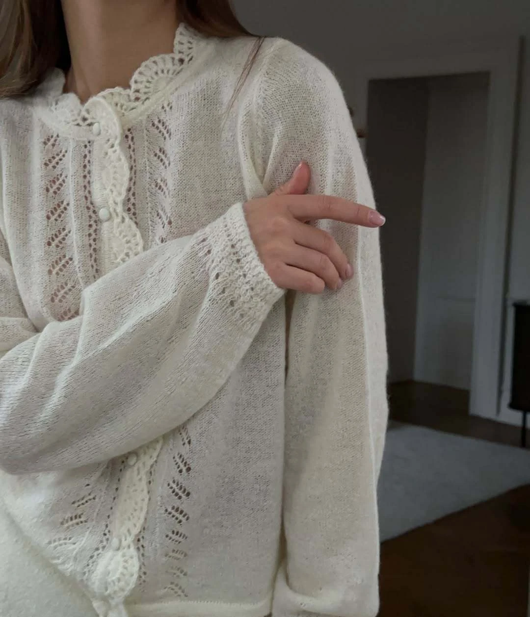 Maglione lavorato a maglia rotondo Ne Pure Color Cardigan aperto Top scollato in pizzo da donna Slim Fit lungo Sve Color Commute Sle