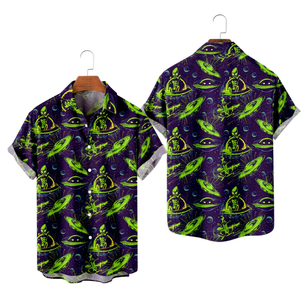 

Casual Shirts for Men Alien Design UFO Short Sleeve 3D Print Beach Tops Summer Vacation Patry Wear Button Shirts