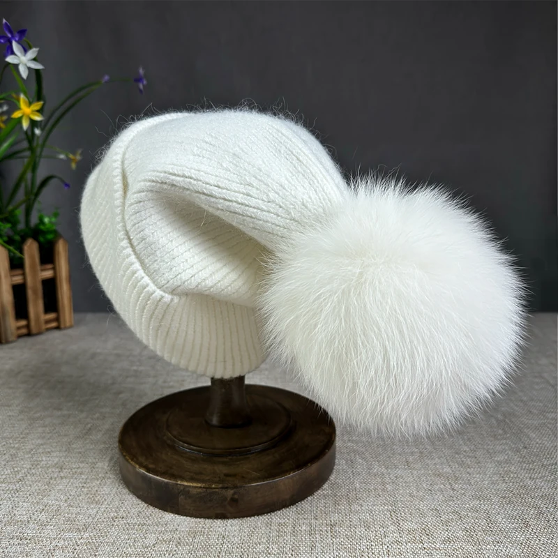 2024 European and American popular real fox fur ball women\'s winter outdoor warm Angora rabbit fur skiing winter hat