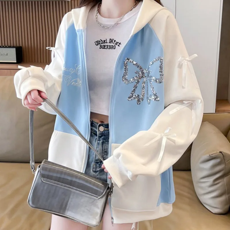 Ribbon Bow Sequin Embroidery Oversized Zip Up Women Hooded Sweatshirts Hoodie Y2K Patchwork Outwear Loose Outfit Kawaii Clothes