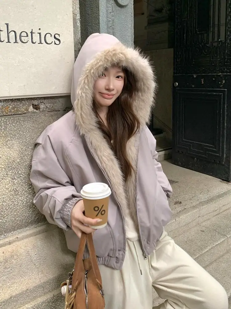 

Зимнее серое плюшевое бархатное универсальное короткое пальто на молнии с длинными рукавами и капюшоном, женское черное элегантное свободное теплое толстое пальто-кардиган