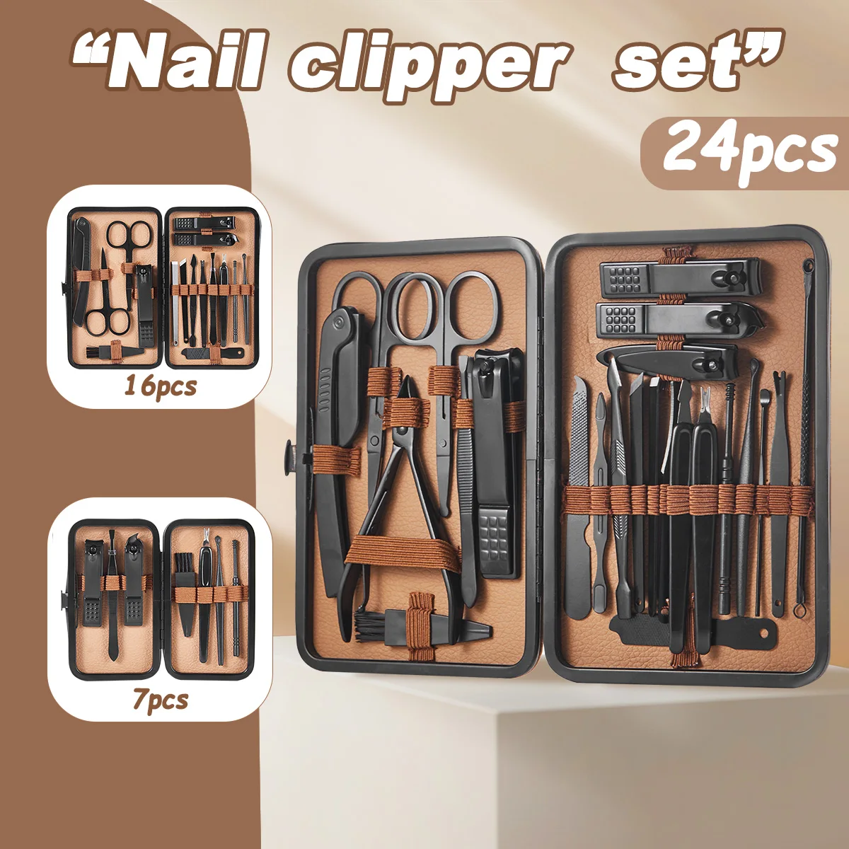 

New nail clipper set 7-24 Manicure Set upgraded Nail clipper Brown pedicure tool Earpick The best travel gift for men and women