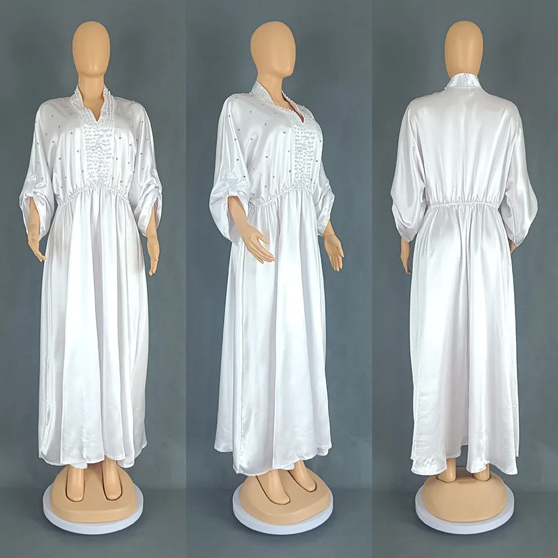 Elegancka sukienka damska do pracy, z wysokim stanem, zdobiona koralikami, w jednolitym kolorze, z satynowym kołnierzykiem.