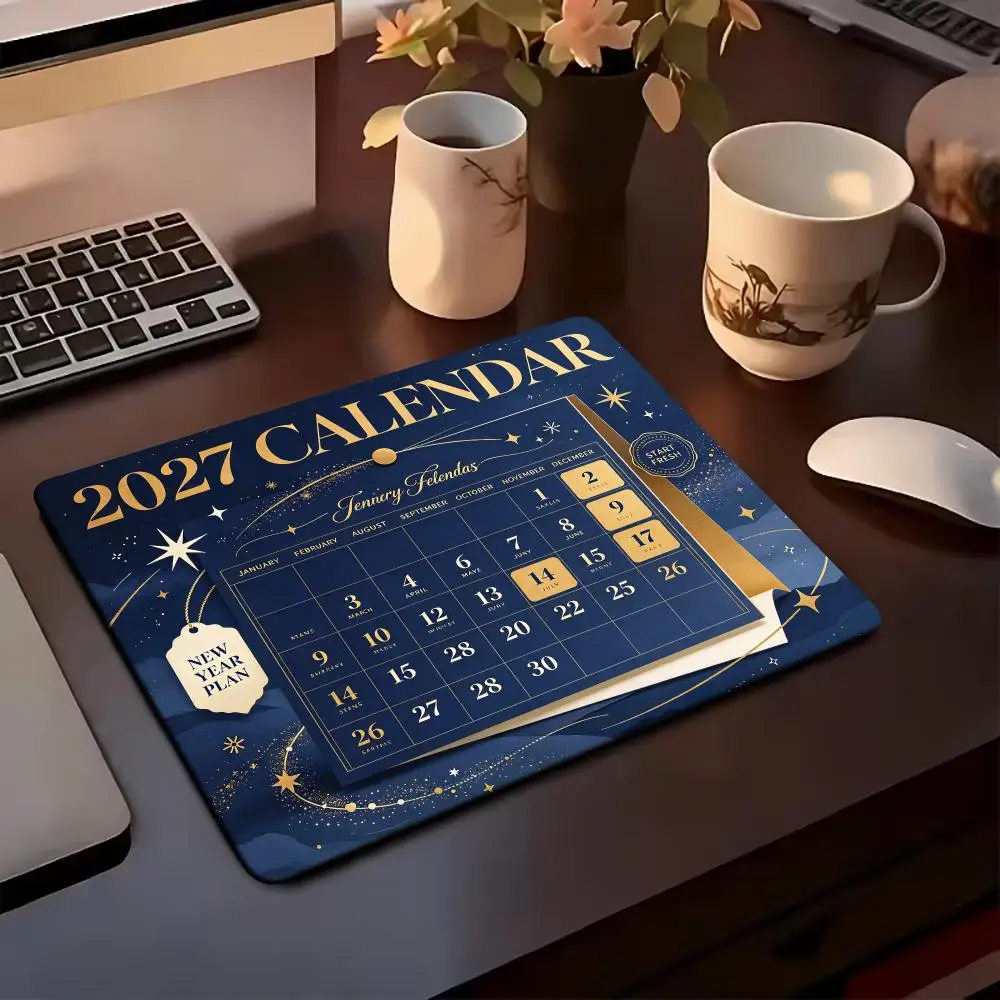 2027 New Year Calendar Square Mouse Pad Extended Card Desk Mat Stitched Edge Non‑Slip Keyboard Mat For Home Office CP Game Mat