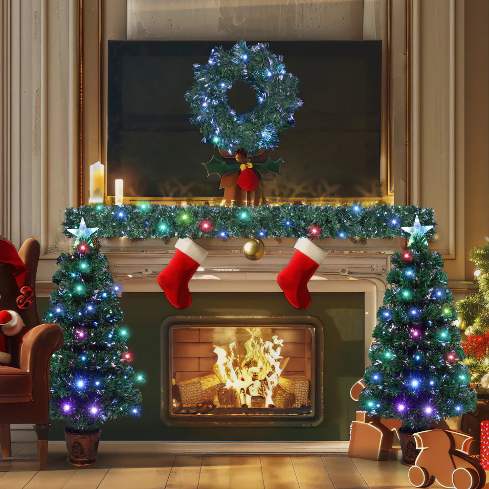 Pre-lit Fiber Christmas 4-Piece Set: Garland, Wreath, 2 Entrance Trees, Color Lights. PVC. Festival Set.