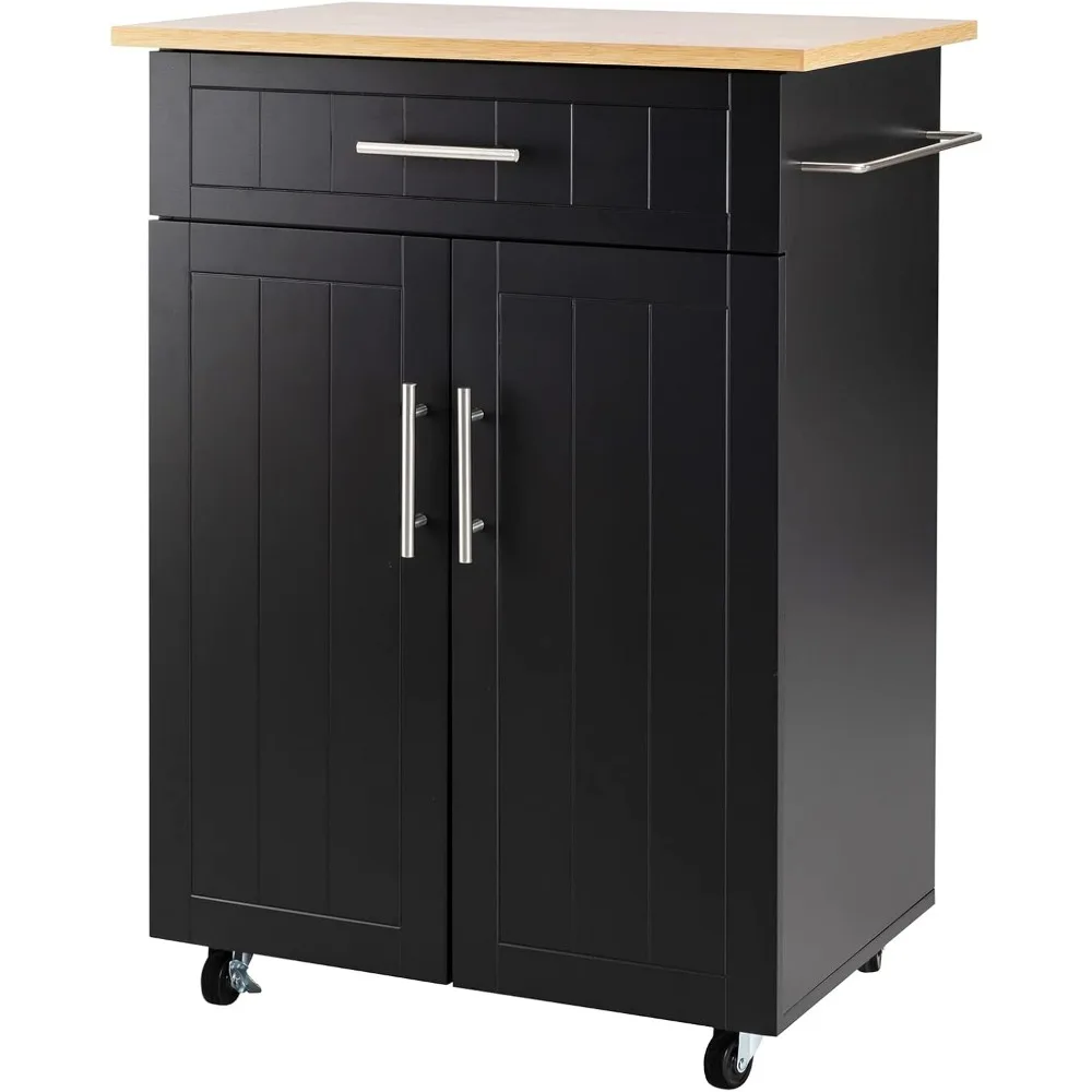 

Rolling kitchen island table with wheels, single door storage cabinet and kitchen drawers, dining room, black