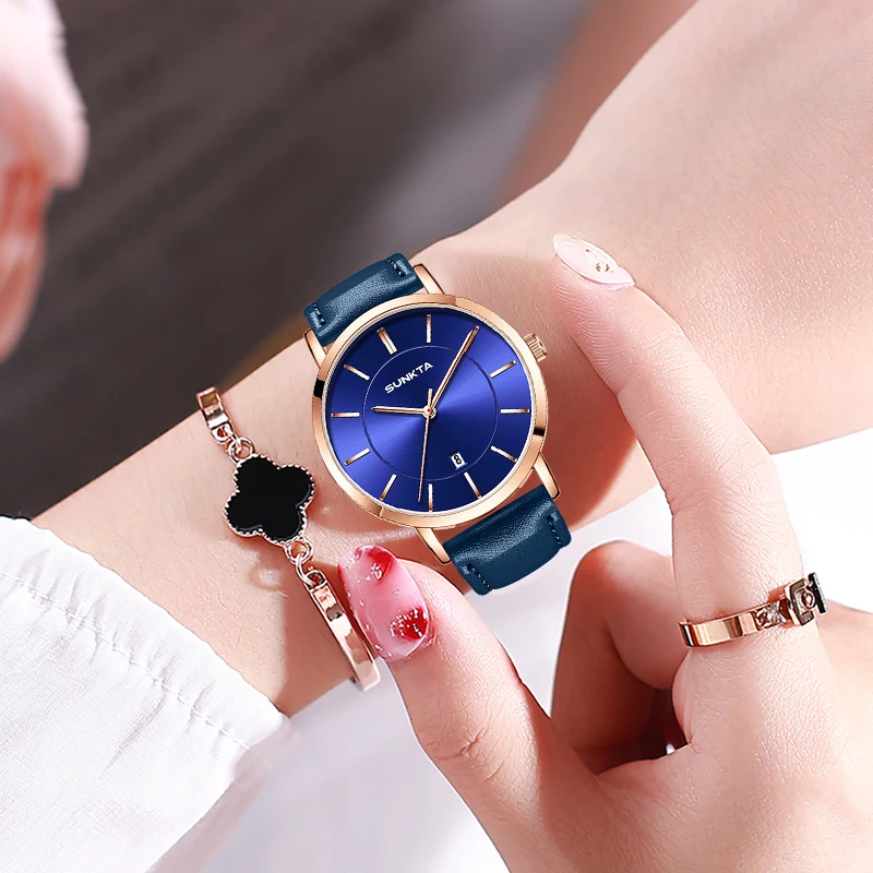 SUNKTA 2026 simple Women's Watch luxury date leather waterproof women's quartz wrist watch elegant Ladies clock reloj de mujer