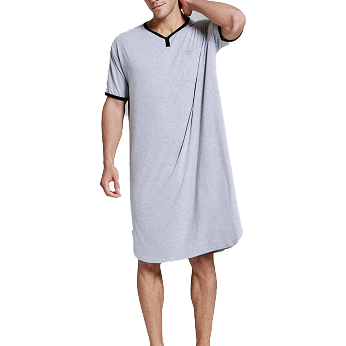 Men V-Neck Linen Robe Roll Up Short Sleeve Solid Long Night Gown Casual Loose Shirt Kaftan Thobe with Pocket