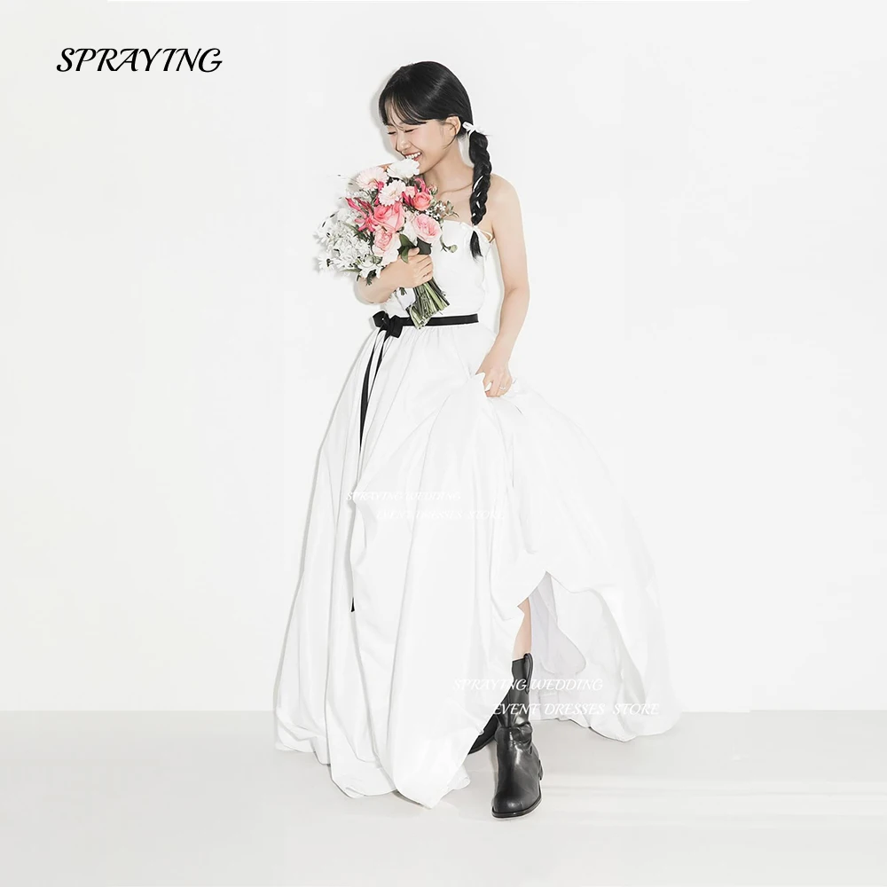 

SPRAYING Korea Strapless A Line Wedding Dresses Taffeta Sleeveless Bridal Gown Black Belt Custom Formal Occasion Party Dress