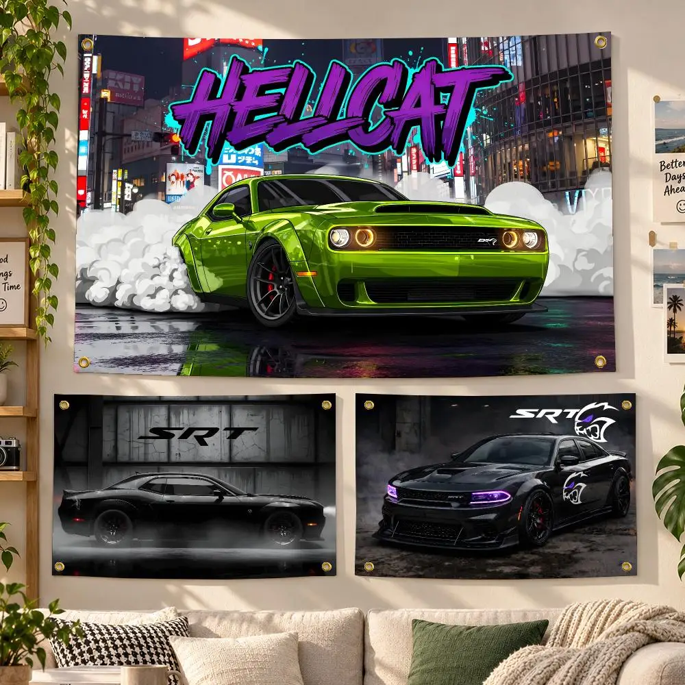 Dodge Challenger SRT Hellcat Flags Personalized Banner Flag Room Dorm Camping Picnic Garage Bar Outdoor Wall Decor