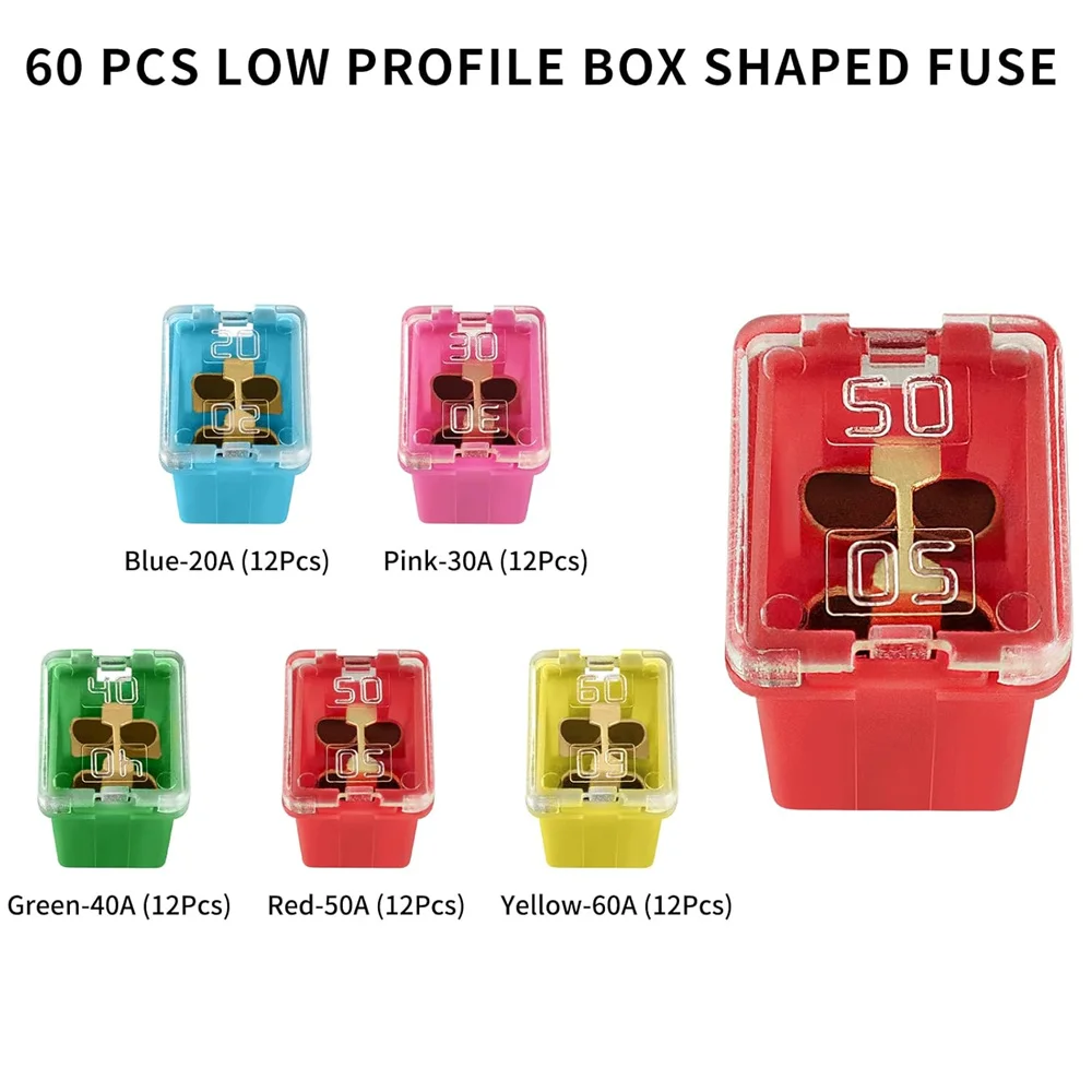 60PCS Automotive Low Profile Box Shaped Fuse Kit Square Fuse 20A 30A 40A 50A 60A  Cartridge Fuse for Boat, Truck, Cars and SUV