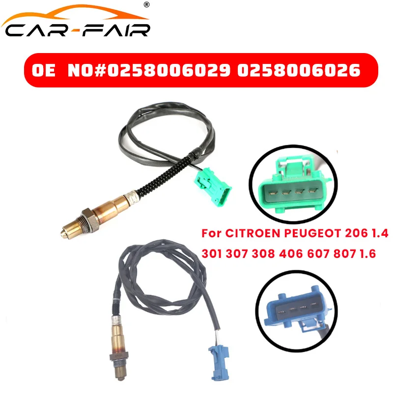 New 2PCS 0258006029 0258006026 9636148880 1628HV Lambda O2 Oxygen Sensor For CITROEN PEUGEOT 206 1.4 301 307 308 406 607 807 1.6