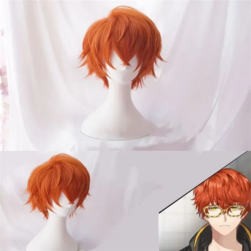 Game Mystic Messenger 707 Cosplay Wig Adult Unisex Short Orange Synthetic Heat Resistant Hair Wigs Halloween Accessories Props