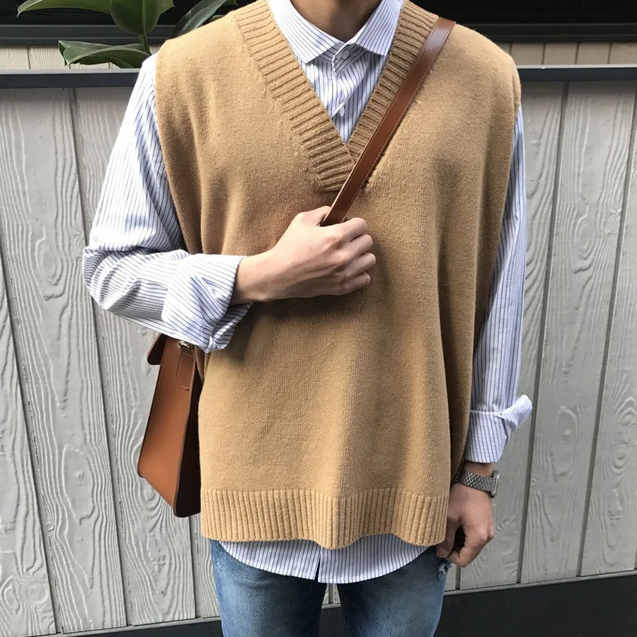 Sweater Men's Autumn and Winter Korean Style Trend Loose Knit Sweater Vest Autumn Ins Hong Kong Style Japanese Sleeveless