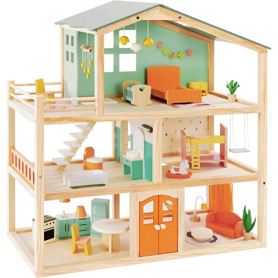 

Large Wooden Dollhouse with 32 Pcs Furniture Accessories 3Story Doll House 5 Rooms Balcony Wooden Stairs Ideal Dollhouse Playse