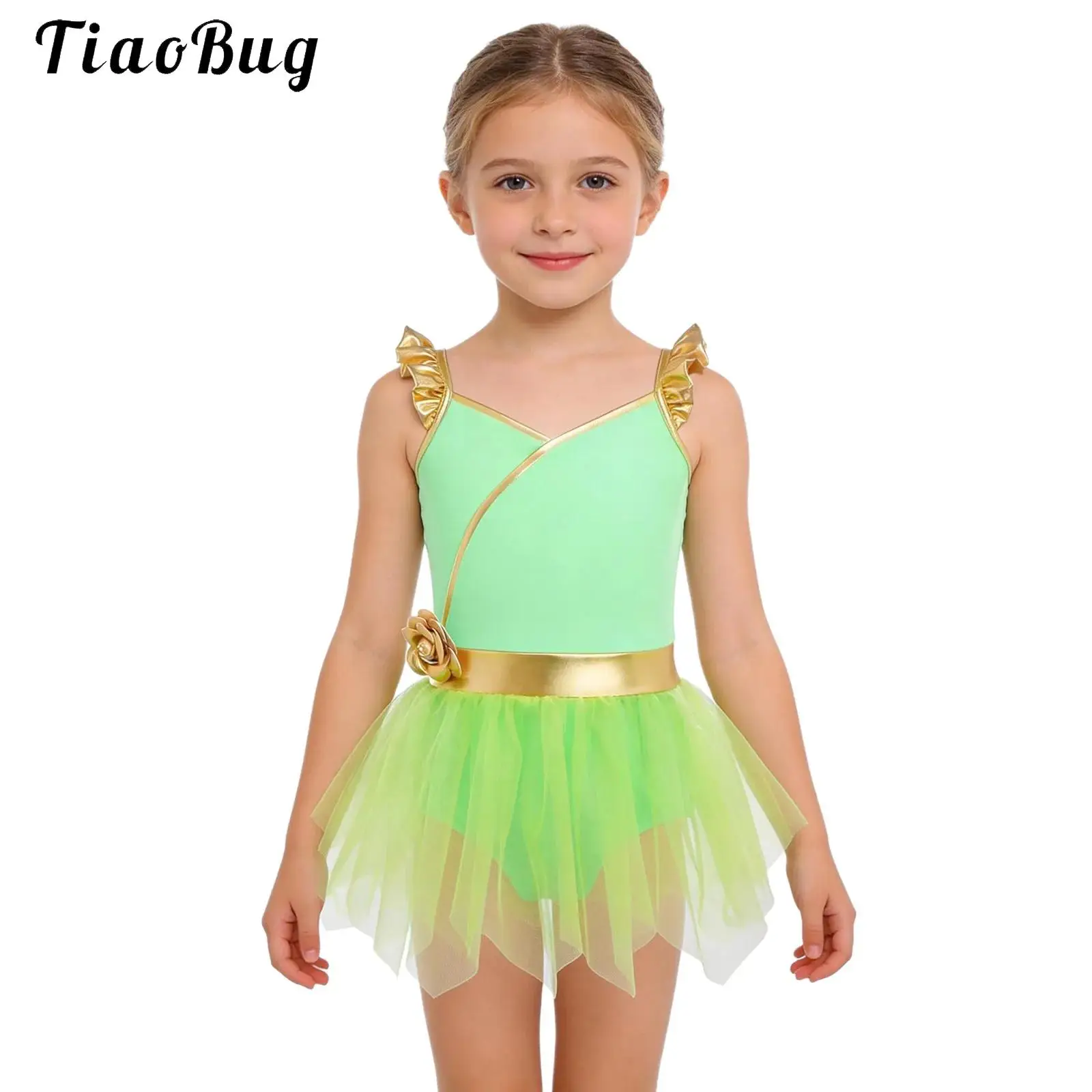 Kids Girls Party Dress Fairy Princess Costume One Pieces Ruffle Flying Sleeve 3D Flower Mesh Skirt Beach Leotard Fancy Ball Gown