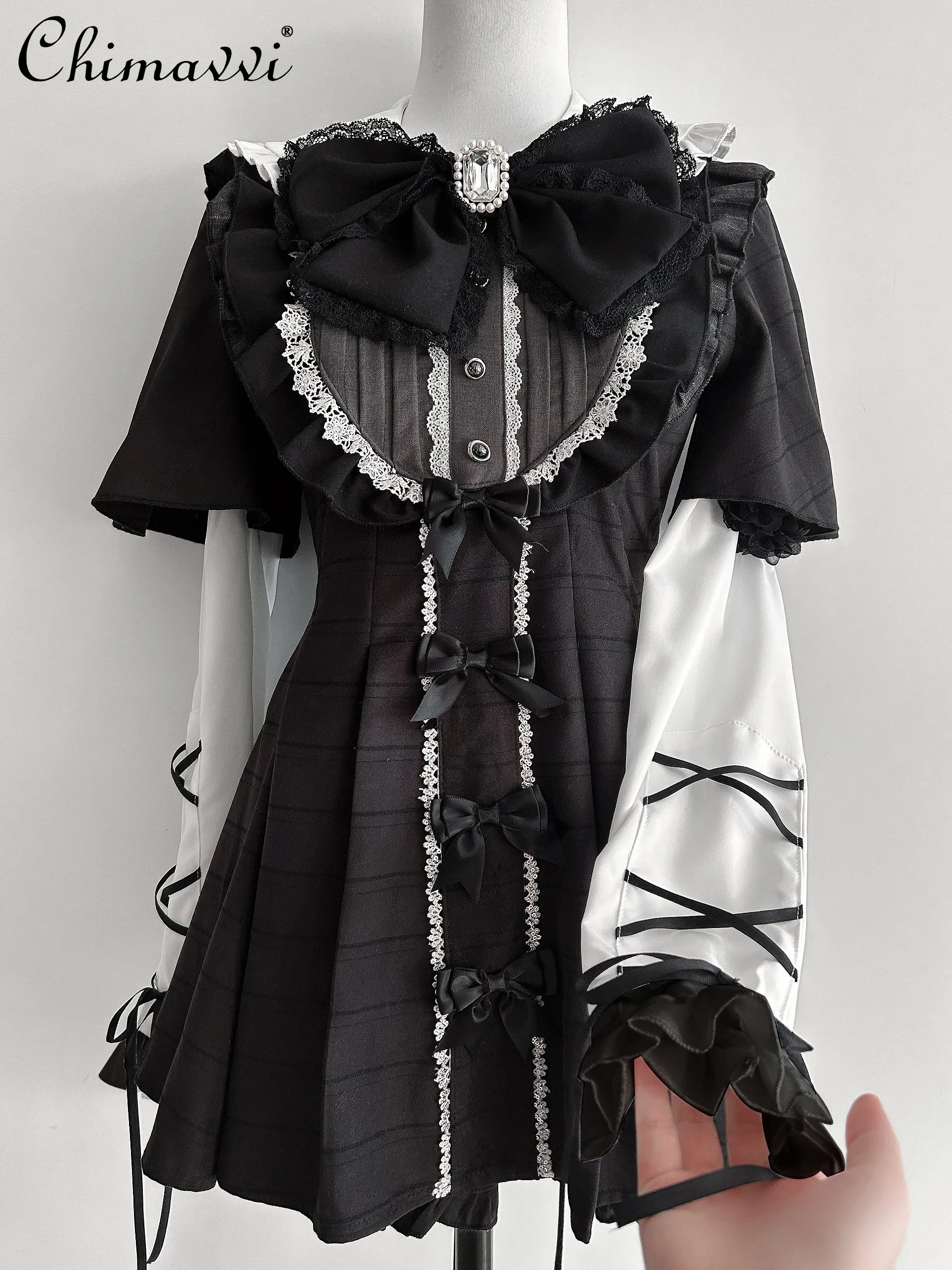 

Original Japanese Mass-Produced Lace Outfit Set Spring Gothic Style Short Sleeve Slim Dress Top Shorts Girl Women Two-Piece Set