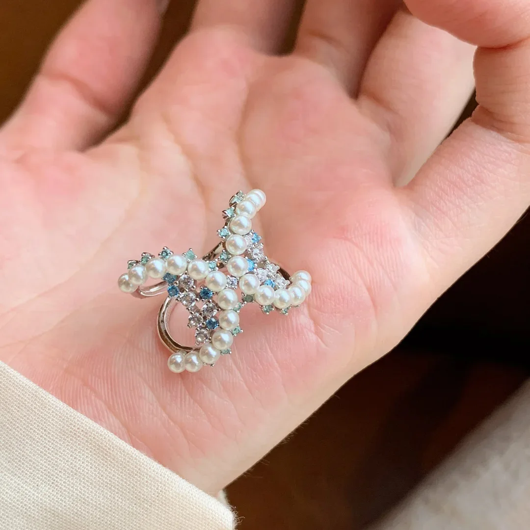 New French retro simulation pearl creative personalized ring, women's high-end feeling sea blue zircon party dance jewelry