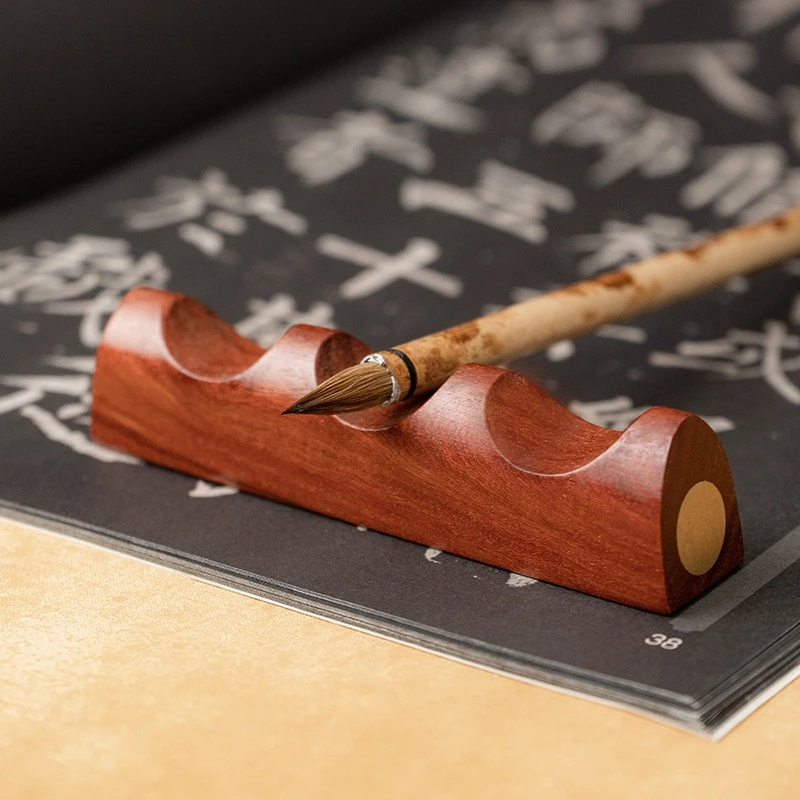 Brass Inlay Wooden Brush Rest Pen Holder Calligraphy Stand Desk Decor for Students Use Home Office Study Chinese Art Writing