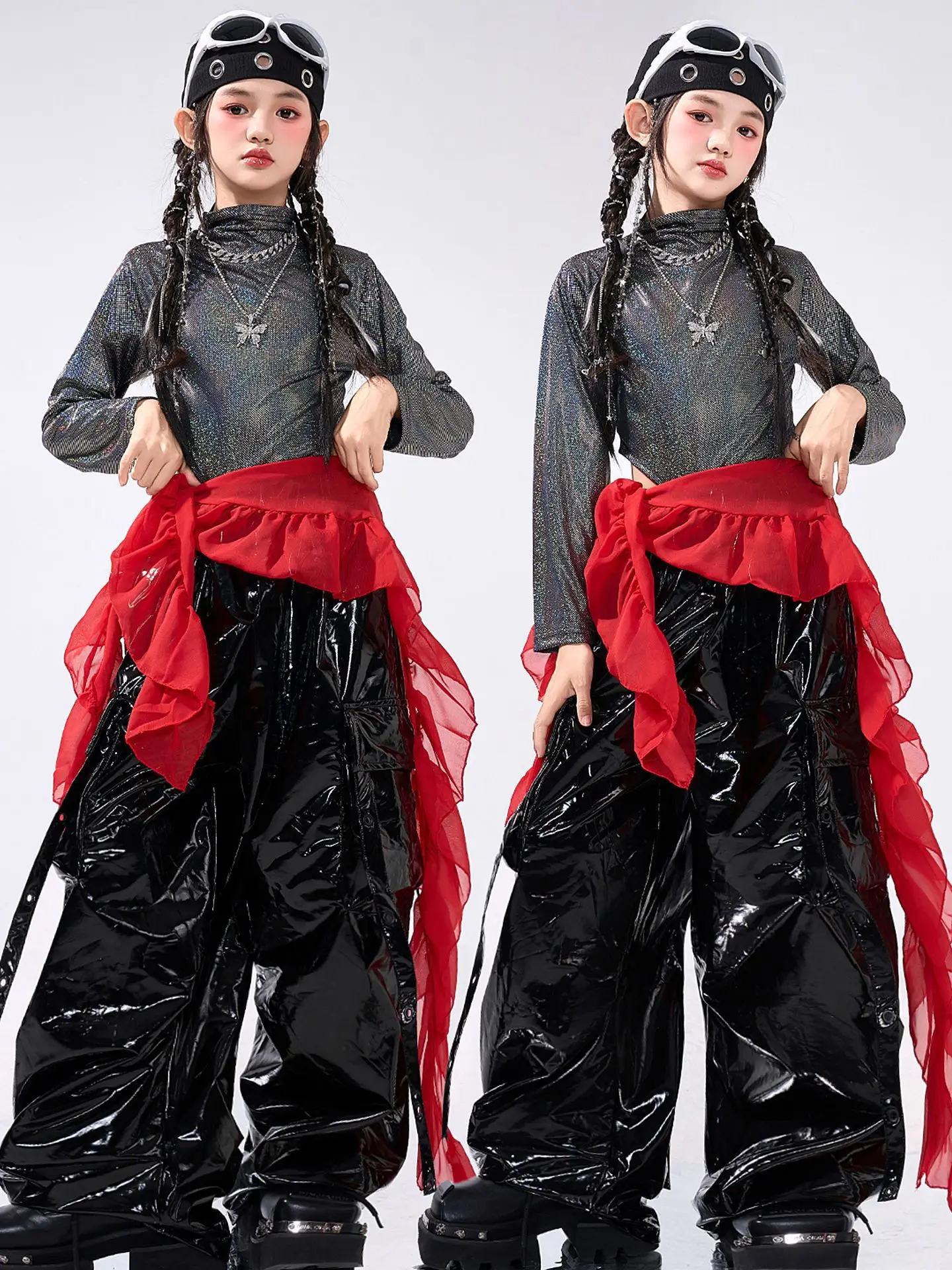 

2025 комплект одежды для сцены Kpop для девочек, блестящие топы с пупком, кожаные брюки в стиле хип-хоп, костюм для соревнований по джазовому танцам