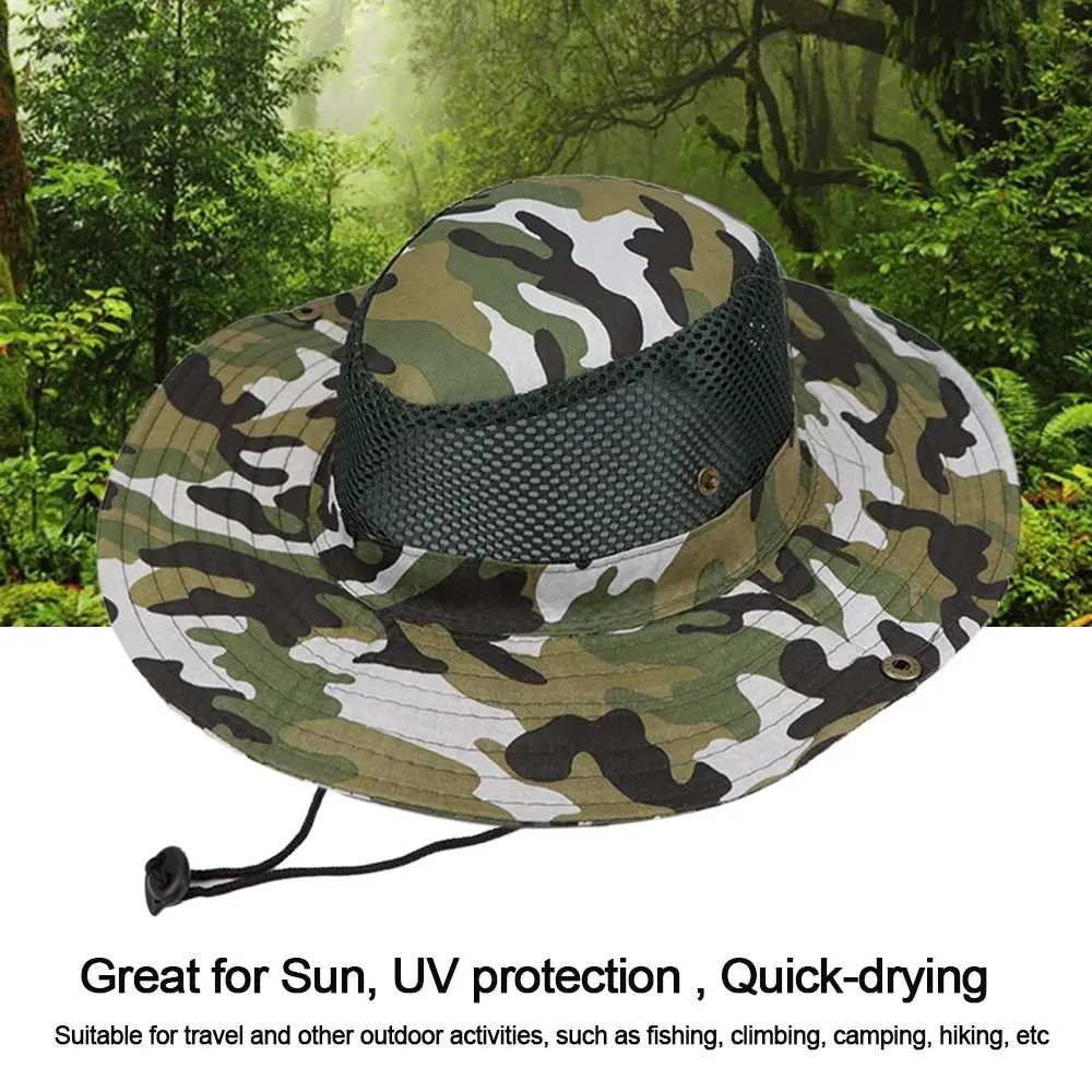 Outdoor Breathable Mesh Camouflage Bucket Hat Sun Protection Hunting Wide Brim Fishing Hiking Cap Mens Womens Sun Visor Hat