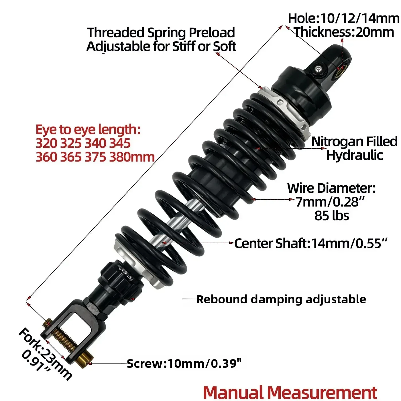 Fork 23mm 320mm 325mm 345mm Hydraulic rear shocks for Honda NS150G, Kymco H150, RT3C, Joymax Z300, Cyclone RT3, SYM ADV, FZ150