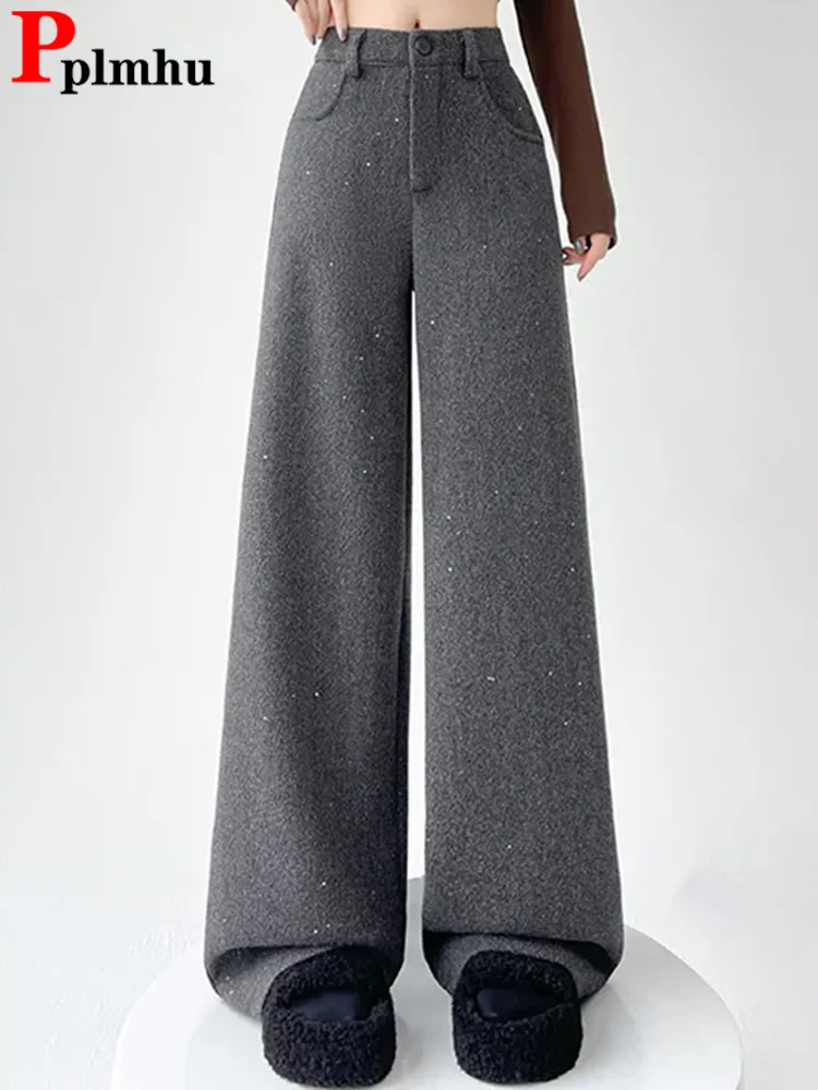 Sequin Design Loose Woolen Straight Pants Women Casual High Waist Wool Blend Wide Leg Pantalones Korean Fashion Thick Calca New