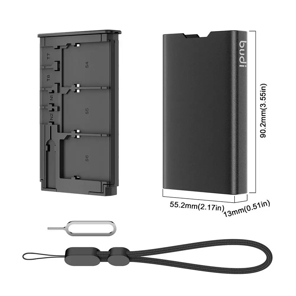 BUDI-Étui pour carte mémoire SD TF, boîtier portable en alliage d'aluminium avec lanière pour 6 SD + 8 TF + 2 cartes de caractéristiques