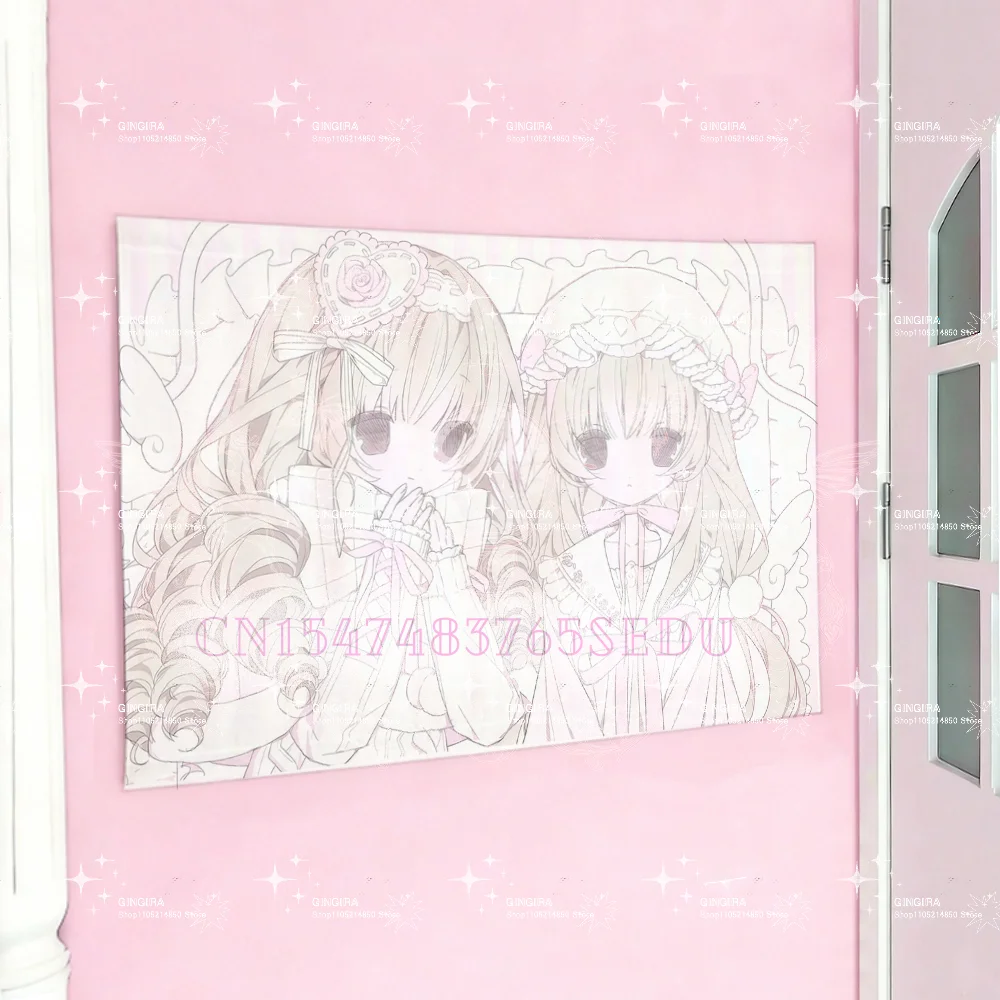 Süßer Lolita Anime Wandteppich, Kawaii Zwillingsmädchen Wandkunst, Rosa Spitze Schleife Druck Wandbehang, Y2K Ästhetische Raumdekoration für Teenager-Mädchen