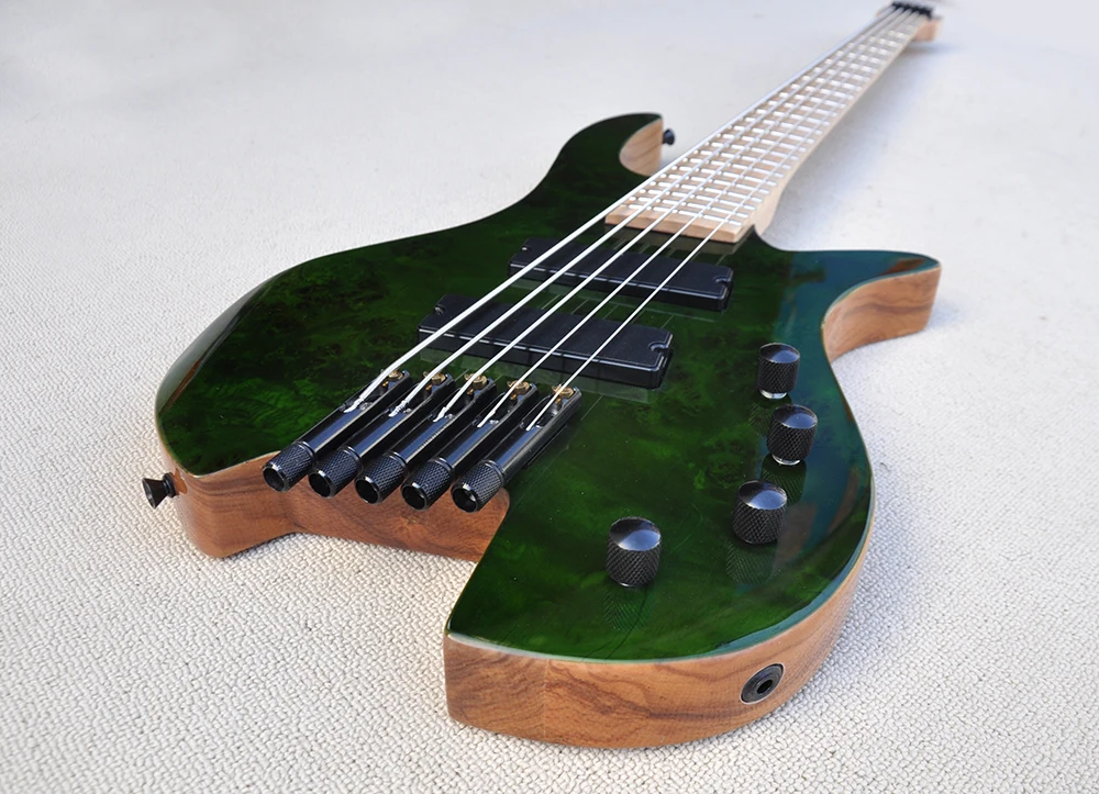 Green 5 Strings Headless Electric Bass Guitar with Slanted Frets ,Maple Fretboard,Customizable