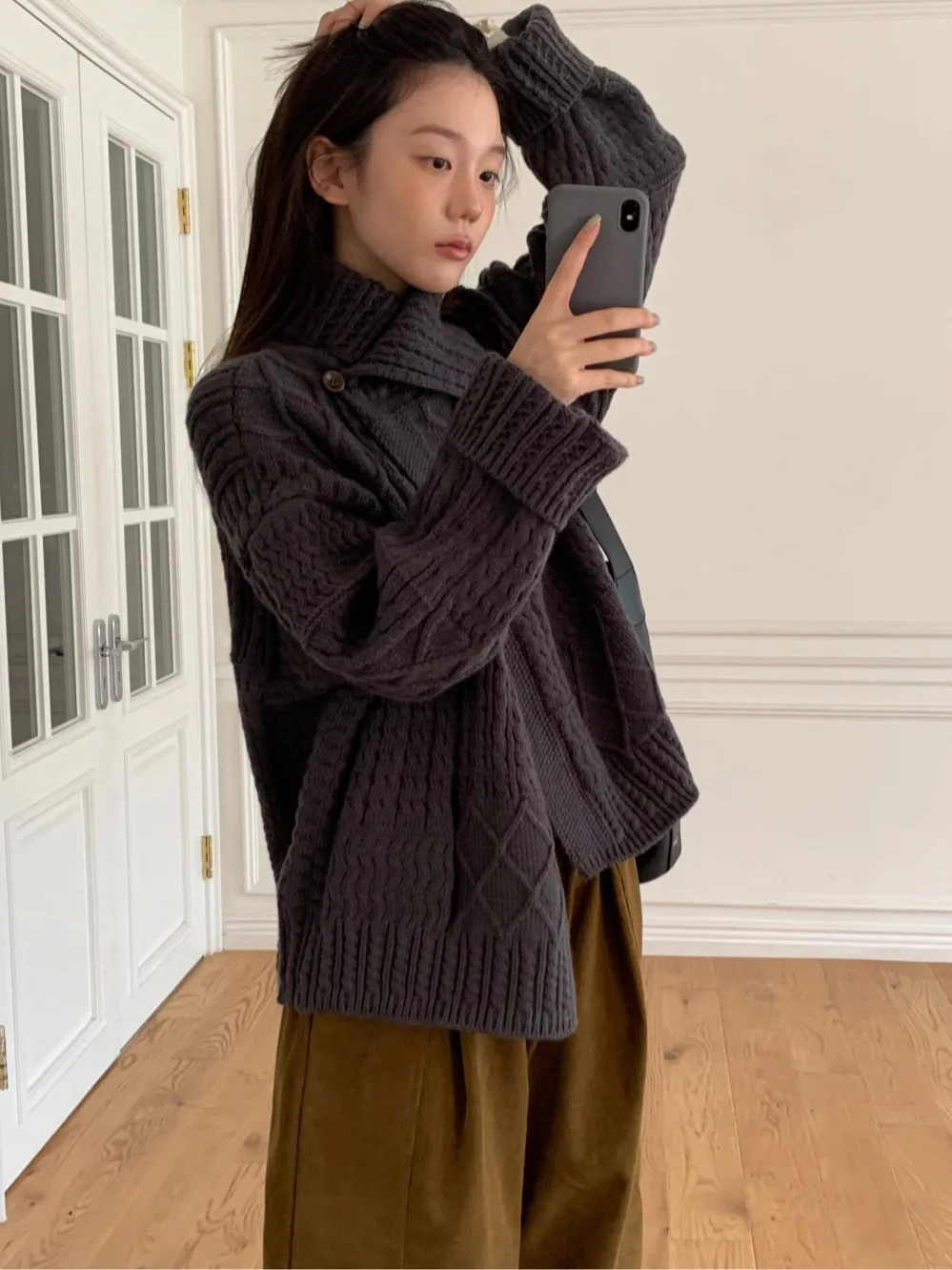 

Thiened вязаный открытый кардиган женский тяжелый рабочий отложной воротник свободный осенне-зимний теплый длинный свитер на одной пуговице