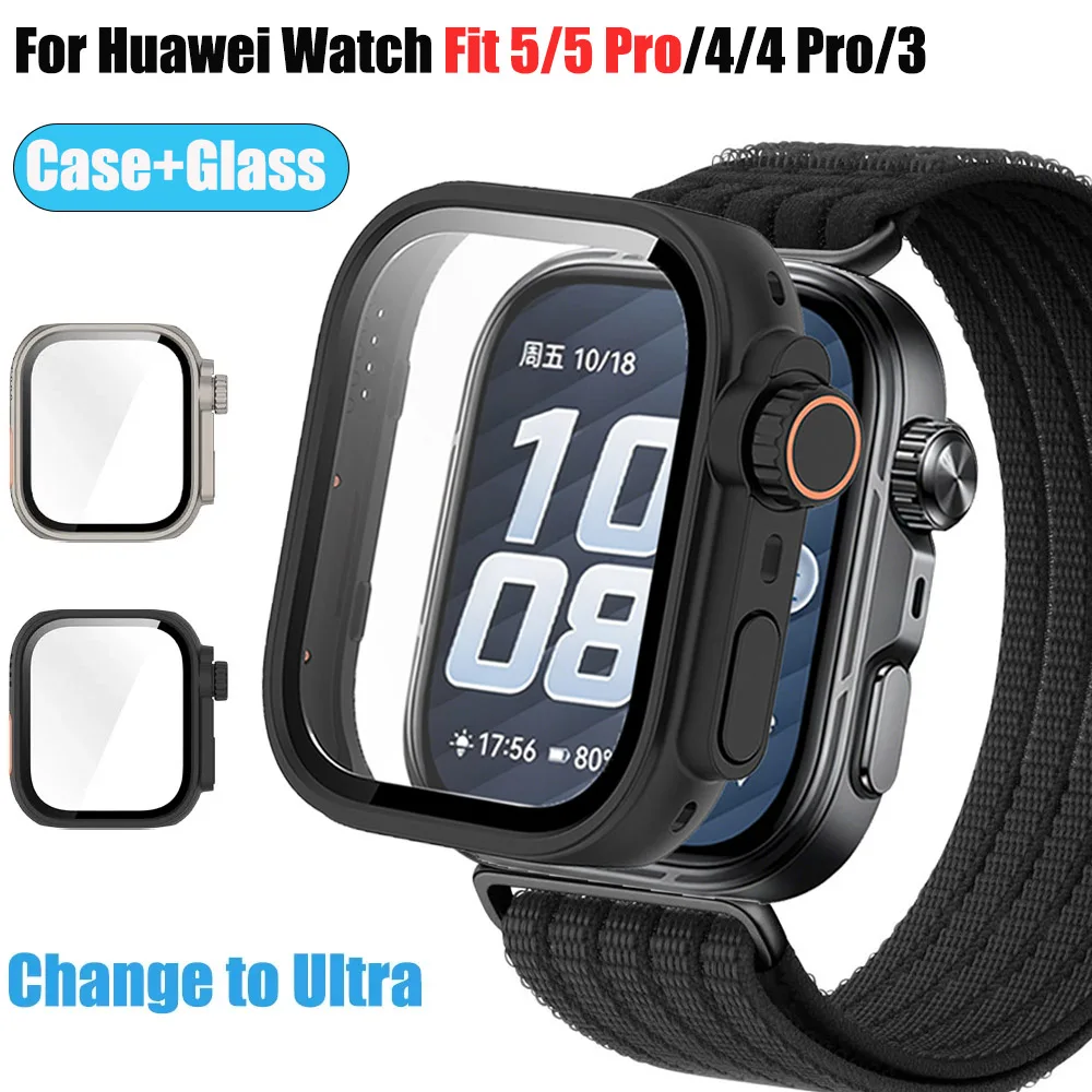 High-end PC Case+Glass for Huawei Watch Fit 5/5 Pro Change to Ultra Screen Protector for Huawei Fit 3/4/4 Pro Upgrade to Ultra