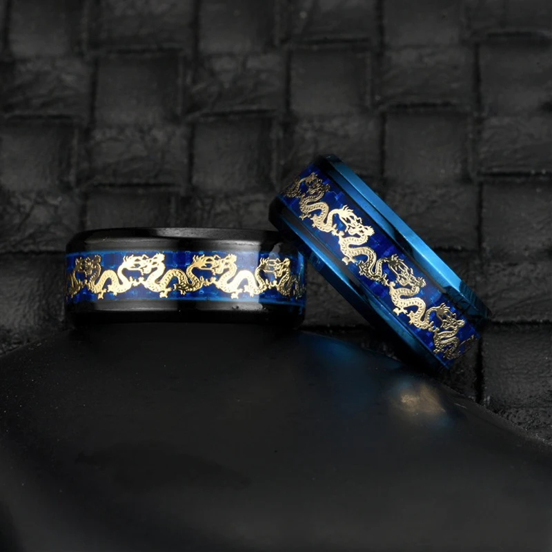Fashion 8mm Men Stainless Steel Dragon Ring Vintage Punk Chinese Dragon Pattern Carbon Fiber Rings For Men Wedding Party Jewelry view 5