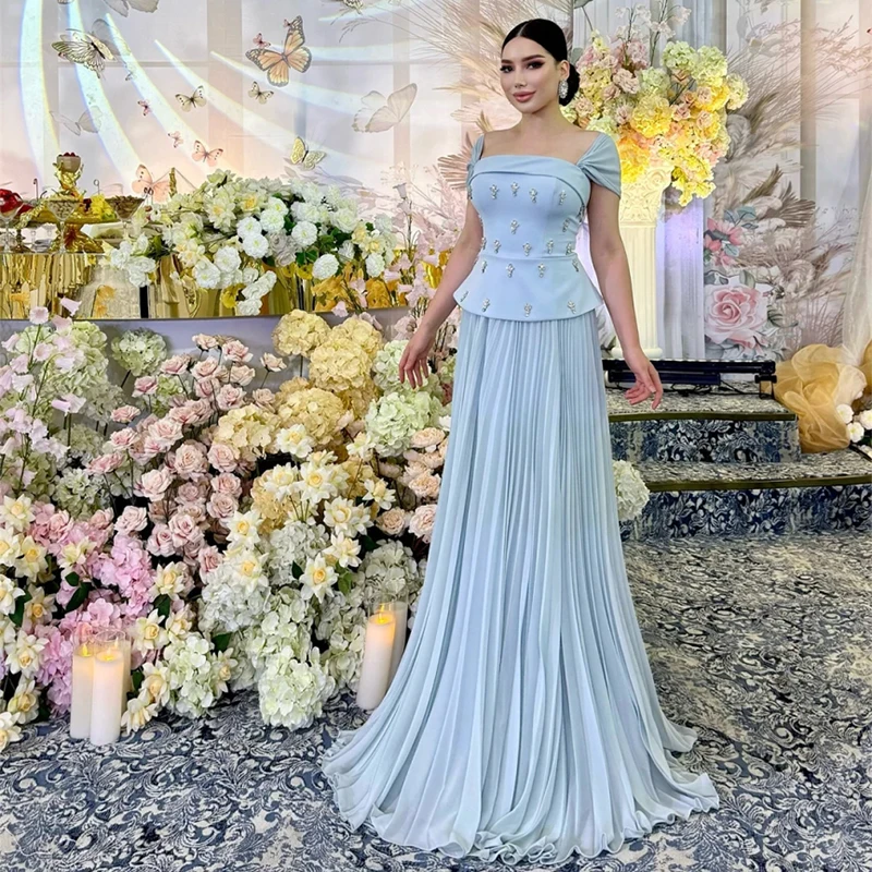 Elegant Blue Satin Evening Dress Customized Beads Off Shoulder Prom Dress Crystal Pleat Zipper Back Formal Occasion Dress 2025