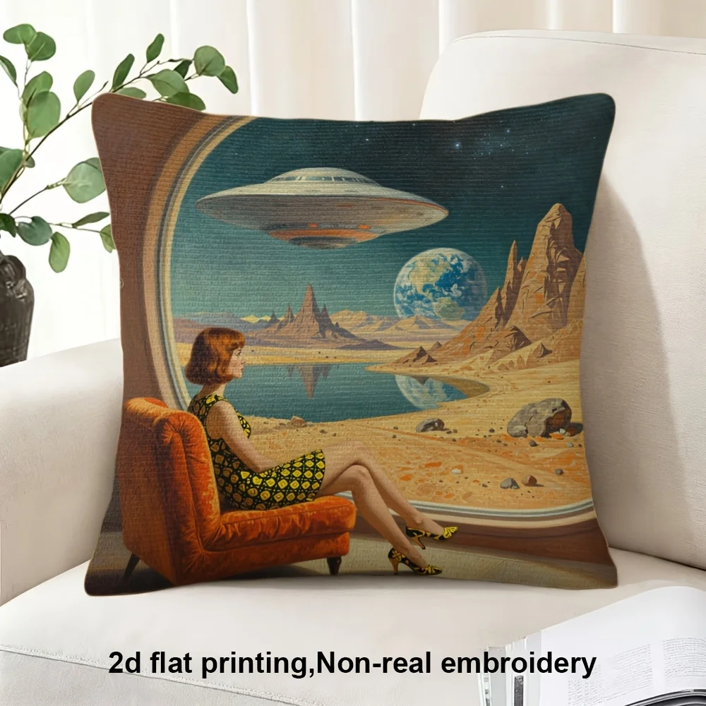 Retro Sci-Fi UFO Pillow Case, Vintage Space Girl Cushion Cover, Funny Alien Art Decor for Sofa Bedroom Living Room